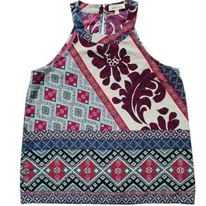 MONTEAU Womens Medium Tank Top Blouse Sleeveless Red Green Blue Floral Slim